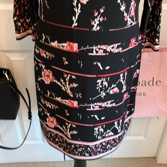 WHBM cold shoulder raglan sleeve black dress with pink floral striped design - Picture 3 of 15